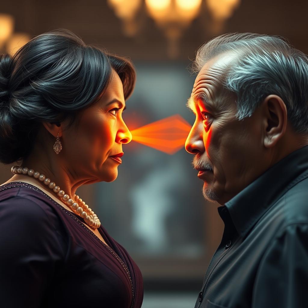 An intense scene featuring an aunty and uncle facing each other directly, their expressions filled with emotion