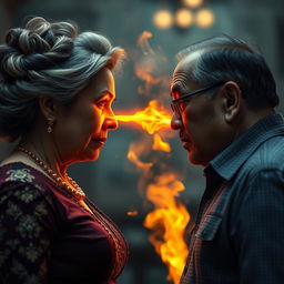 An intense scene featuring an aunty and uncle facing each other directly, their expressions filled with emotion
