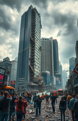 A dramatic and intense scene depicting the aftermath of an earthquake in a vibrant city