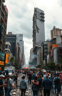 A dramatic and intense scene depicting the aftermath of an earthquake in a vibrant city