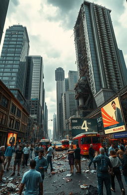 A dramatic and intense scene depicting the aftermath of an earthquake in a vibrant city