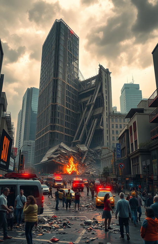 A dramatic and intense scene depicting the aftermath of an earthquake in a vibrant city