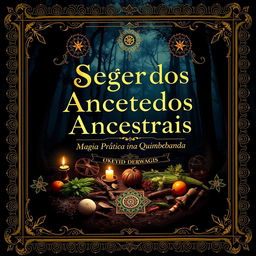 A striking book cover for 'Segredos Ancestrais: Magia Prática na Umbanda e Quimbanda', showcasing the essence of Umbanda and Quimbanda