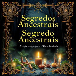 A striking book cover for 'Segredos Ancestrais: Magia Prática na Umbanda e Quimbanda', showcasing the essence of Umbanda and Quimbanda