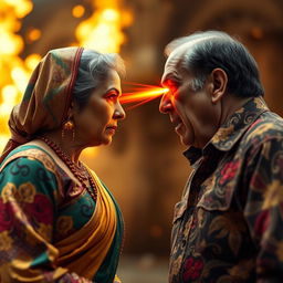 An intense confrontation between an aunty and uncle, facing each other with a dramatic expression