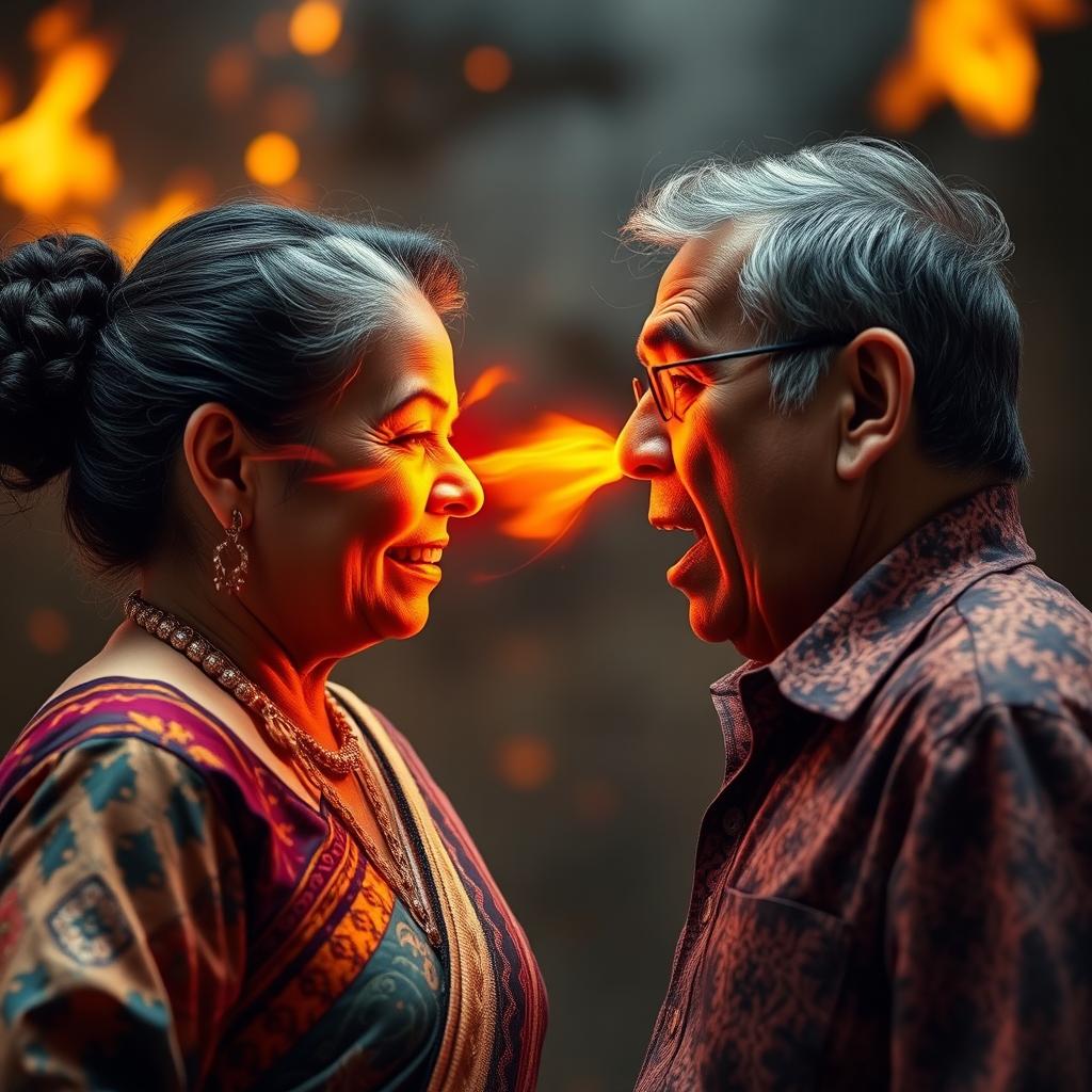 An intense confrontation between an aunty and uncle, facing each other with a dramatic expression