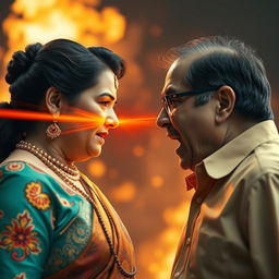 An intense confrontation between an aunty and uncle, facing each other with a dramatic expression