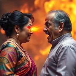 An intense confrontation between an aunty and uncle, facing each other with a dramatic expression