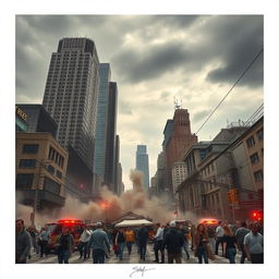 A dramatic, high-impact scene of an earthquake in an urban environment, showing skyscrapers trembling and some beginning to crumble