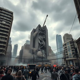 A dramatic, high-impact scene of an earthquake in an urban environment, showing skyscrapers trembling and some beginning to crumble