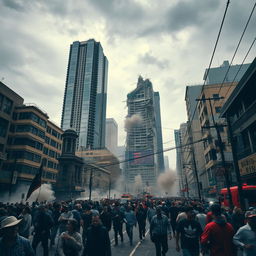 A dramatic, high-impact scene of an earthquake in an urban environment, showing skyscrapers trembling and some beginning to crumble