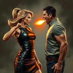 A dramatic scene depicting an aunty in a sleek leather dress, exuding confidence and intensity as she faces off against an uncle