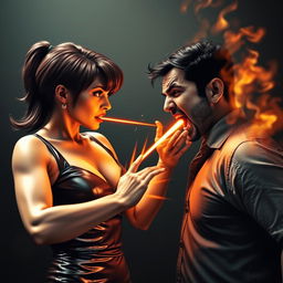 A dramatic scene depicting an aunty in a sleek leather dress, exuding confidence and intensity as she faces off against an uncle