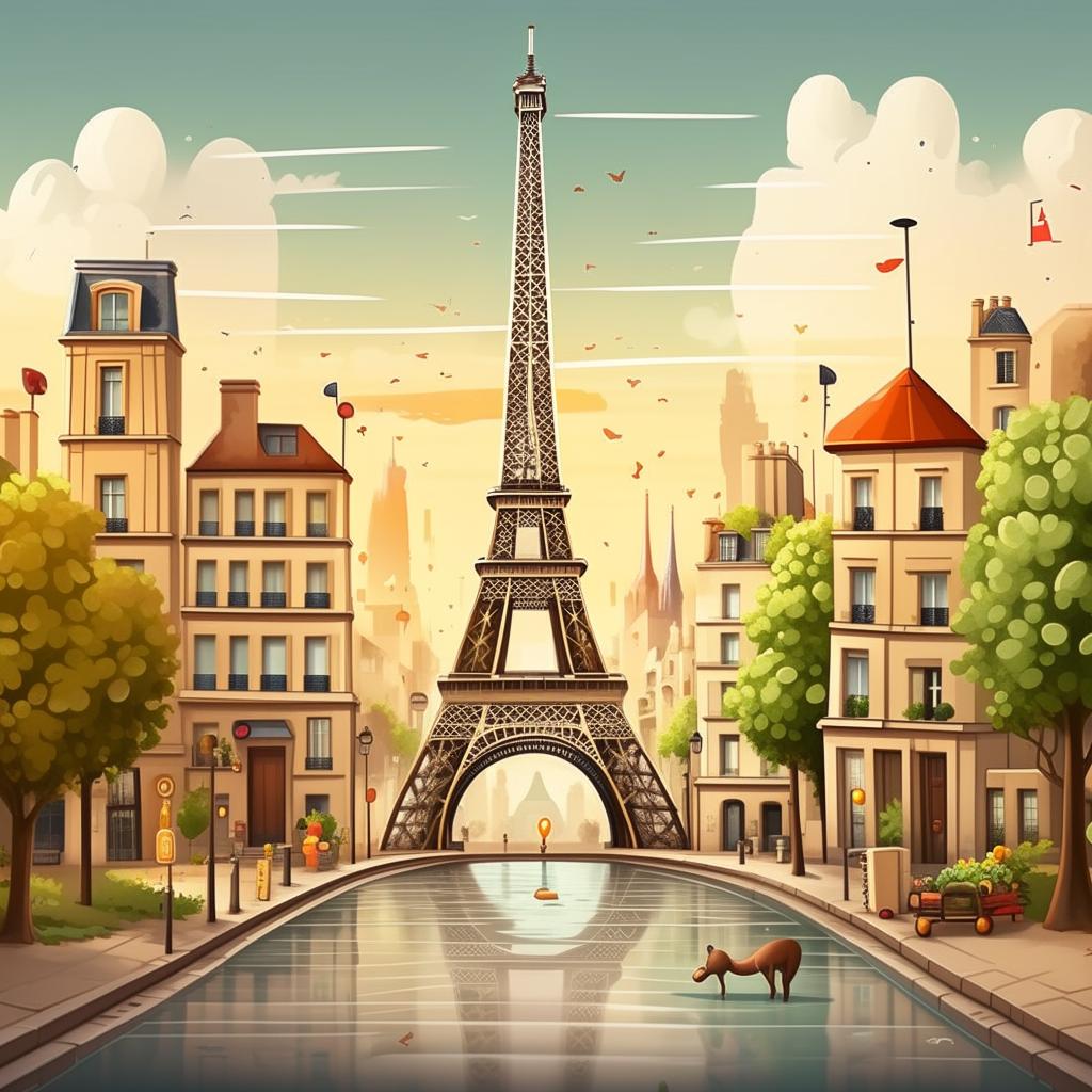 Generate a stylized, cartoon version of the city of Paris, with iconic landmarks like the Eiffel Tower and Notre Dame Cathedral for a guessing game.