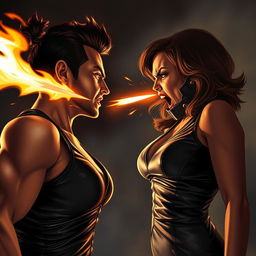 A dramatic scene depicting an aunty in a sleek leather dress, exuding confidence and intensity as she faces off against an uncle