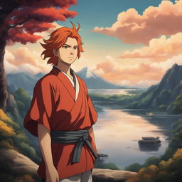 Studio Ghibli style portrait of Rengoku Kyojuro from Demon Slayer with a serene landscape background.