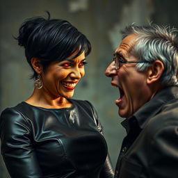 A captivating scene featuring an aunty wearing a stylish leather dress, smiling confidently as she faces an uncle