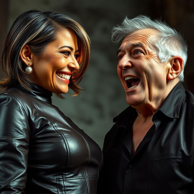 A captivating scene featuring an aunty wearing a stylish leather dress, smiling confidently as she faces an uncle