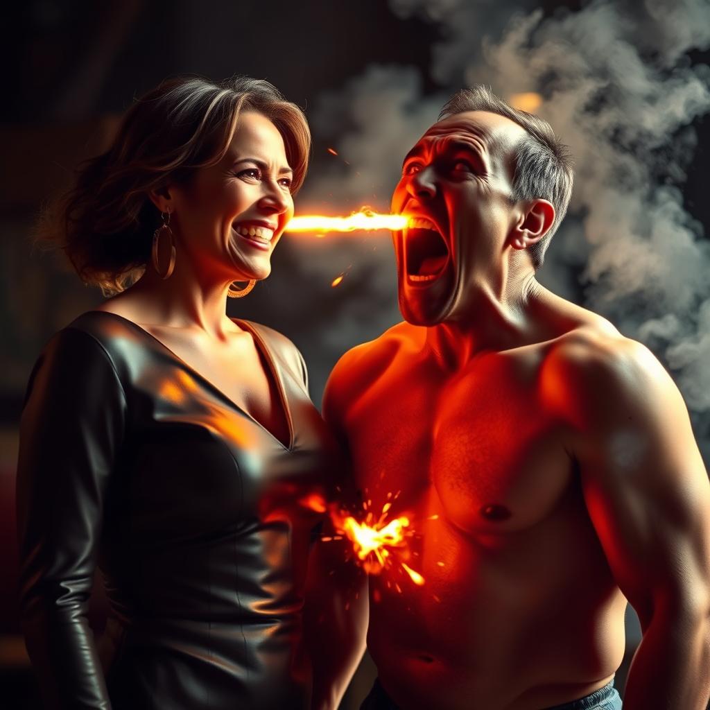 A striking scene featuring an aunty in a stylish leather dress, smiling confidently at a shirtless uncle