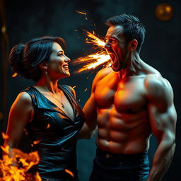 A striking scene featuring an aunty in a stylish leather dress, smiling confidently at a shirtless uncle