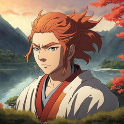 Studio Ghibli style portrait of Rengoku Kyojuro from Demon Slayer with a serene landscape background.