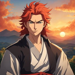 Studio Ghibli style portrait of Rengoku Kyojuro from Demon Slayer with fiery hair and a serene landscape background.