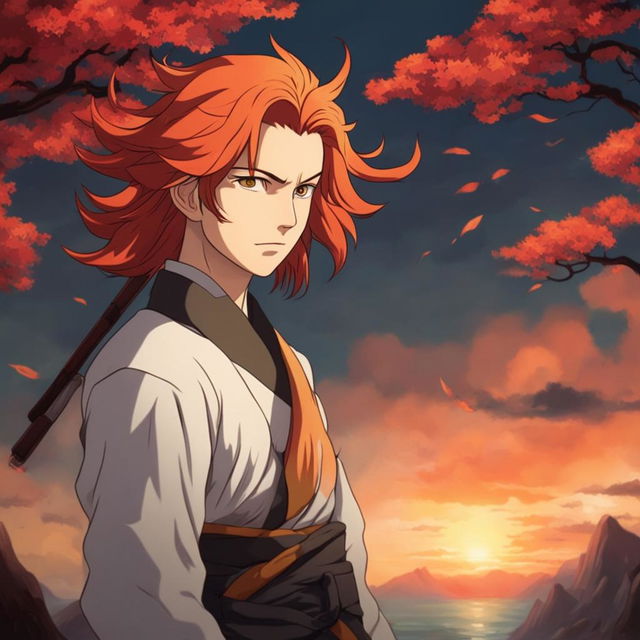 Studio Ghibli style portrait of Rengoku Kyojuro from Demon Slayer with fiery hair and a serene landscape background.