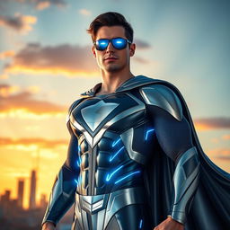A portrait of a powerful and charismatic superhero named Jake, exhibiting his superpowers elegantly