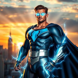 A portrait of a powerful and charismatic superhero named Jake, exhibiting his superpowers elegantly