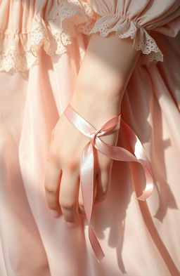 A close-up of a soft, pale hand gently adorned with a delicate pink silk ribbon tied around the wrist, suggesting a sense of restraint as it leads off the page, hinting at an unseen presence just out of frame