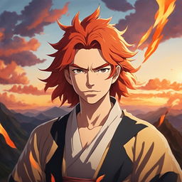 Studio Ghibli style portrait of Rengoku Kyojuro from Demon Slayer with fiery hair and a serene landscape background.