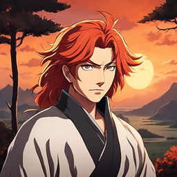 Studio Ghibli style portrait of Rengoku Kyojuro from Demon Slayer with fiery hair and a serene landscape background.