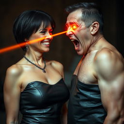 A dramatic scene featuring an aunty dressed in a sleek leather dress, smiling confidently as she faces a shirtless uncle