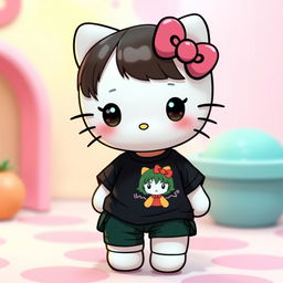 A cute depiction of Hello Kitty, featuring medium, dark brown hair, wearing a casual black t-shirt adorned with a vibrant anime image