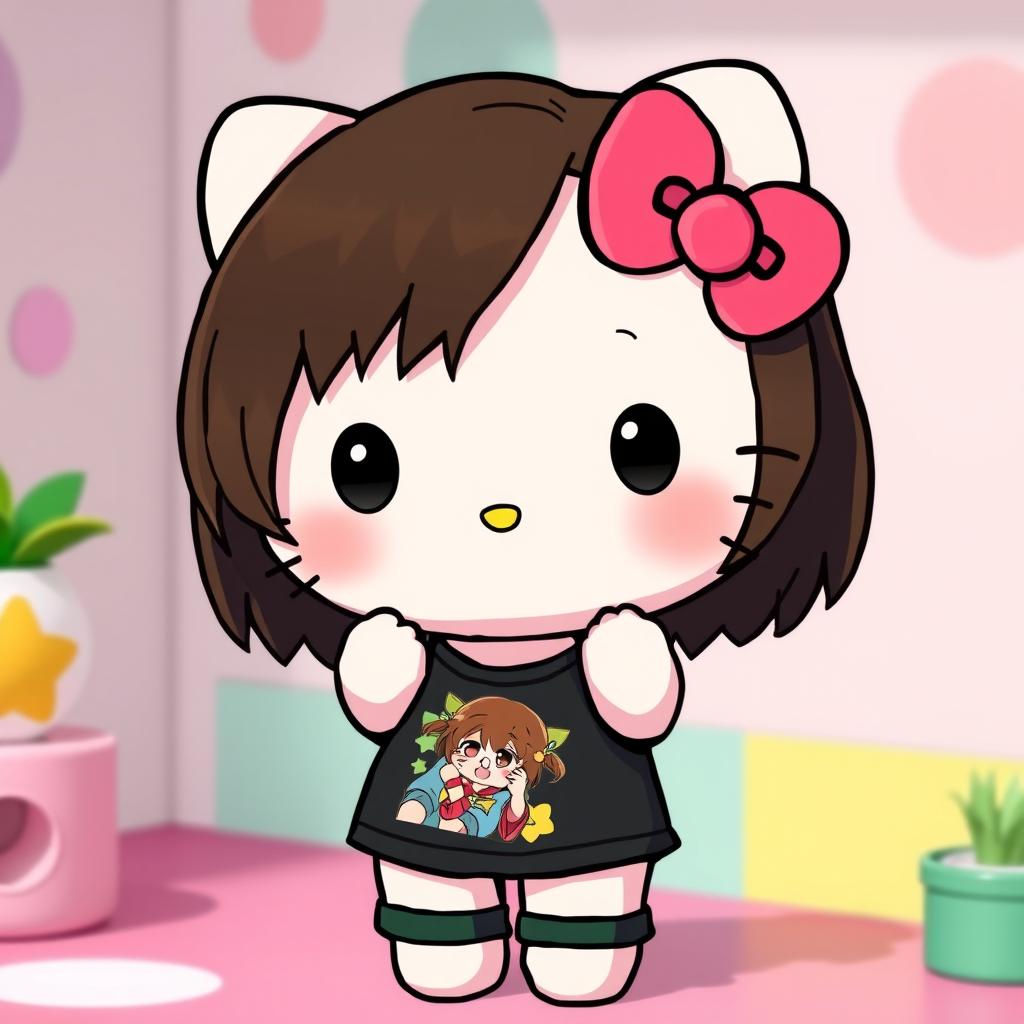 A cute depiction of Hello Kitty, featuring medium, dark brown hair, wearing a casual black t-shirt adorned with a vibrant anime image