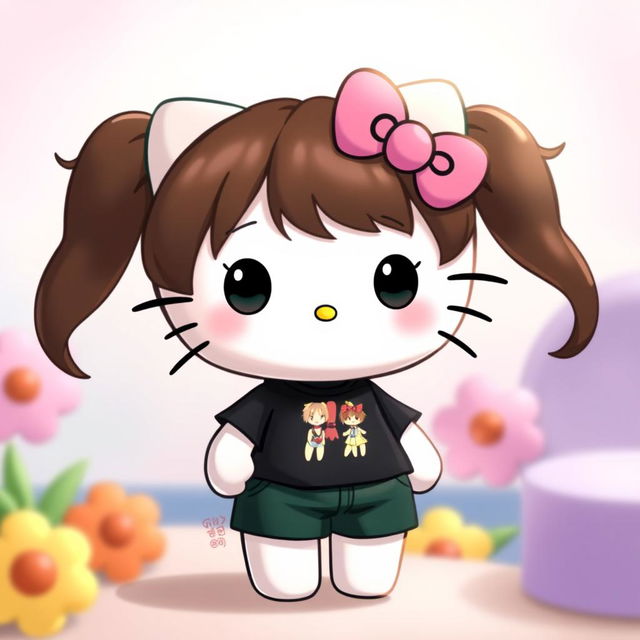 A cute depiction of Hello Kitty, featuring medium, dark brown hair, wearing a casual black t-shirt adorned with a vibrant anime image