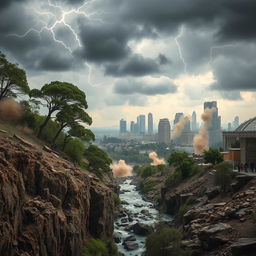 An intense scene capturing the moment an earthquake strikes a natural landscape followed by urban elements, showcasing the ground fracturing and trees bending violently