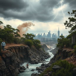 An intense scene capturing the moment an earthquake strikes a natural landscape followed by urban elements, showcasing the ground fracturing and trees bending violently