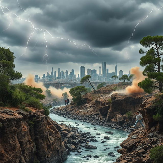 An intense scene capturing the moment an earthquake strikes a natural landscape followed by urban elements, showcasing the ground fracturing and trees bending violently