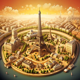 Generate a stylized, cartoon version of the city of Paris, with iconic landmarks like the Eiffel Tower and Notre Dame Cathedral for a guessing game.