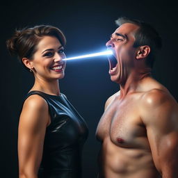 A dramatic scene depicting an aunty in a sleek leather dress, smiling with an air of confidence as she faces a shirtless uncle
