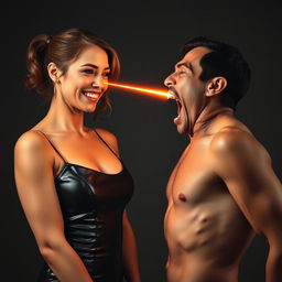 A dramatic scene depicting an aunty in a sleek leather dress, smiling with an air of confidence as she faces a shirtless uncle