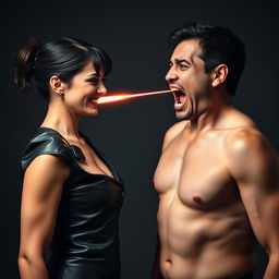 An intense scene featuring an aunty in a stylish leather dress, smiling confidently as she faces a shirtless uncle