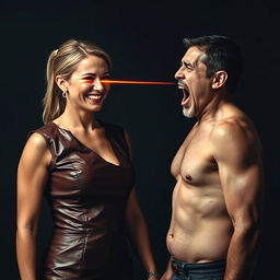 An intense scene featuring an aunty in a stylish leather dress, smiling confidently as she faces a shirtless uncle