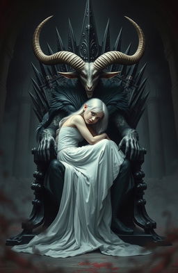 A half-man half-goat creature with eight horns on its head, sitting on an iron throne, with a beautiful girl having white hair and a long white dress curling up on its lap