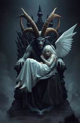 A half-man half-goat creature with eight horns on its head, sitting on an iron throne, with a beautiful girl having white hair and a long white dress curling up on its lap