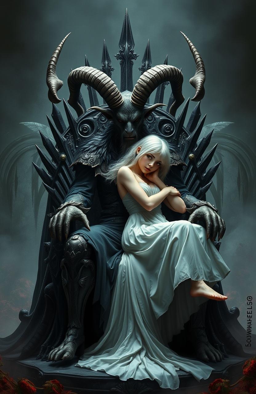 A half-man half-goat creature with eight horns on its head, sitting on an iron throne, with a beautiful girl having white hair and a long white dress curling up on its lap