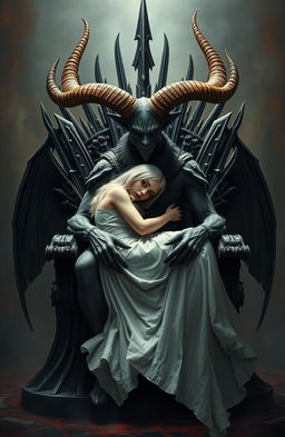 A half-man half-goat creature with eight horns on its head, sitting on an iron throne, with a beautiful girl having white hair and a long white dress curling up on its lap