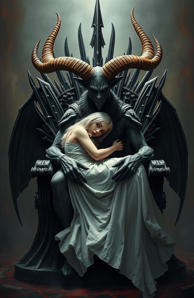 A half-man half-goat creature with eight horns on its head, sitting on an iron throne, with a beautiful girl having white hair and a long white dress curling up on its lap