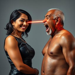 An intense scene featuring an Indian aunty in a stylish leather dress, smiling confidently while facing a shirtless uncle